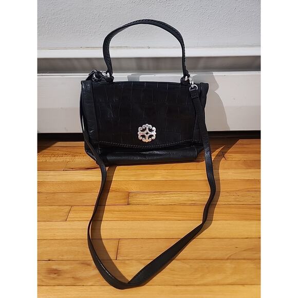 Brighton Black Leather Crossbody Bag Embossed Croc Organizer Silver Clasp - Picture 1 of 15